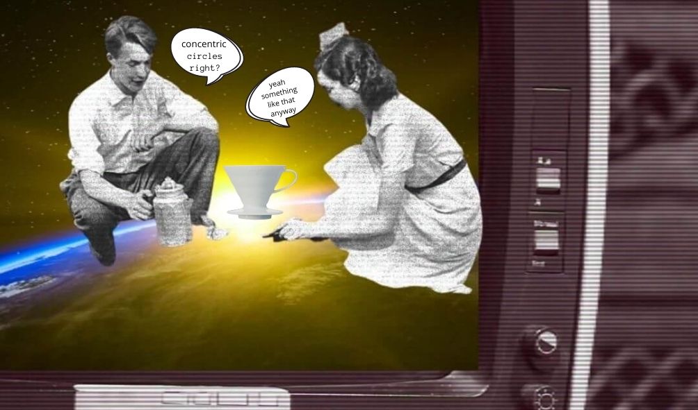 a cut out collage brewing coffee in space